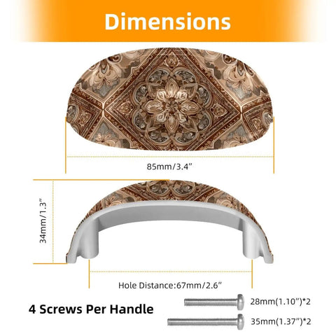 Vintage Shell Shaped Drawer Pulls Set 4 Pack 3.4 Inch Cup Pulls shown with rustic ethnic pattern and installation dimensions