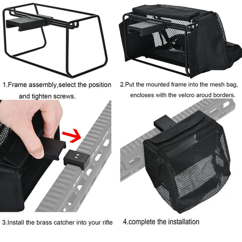 Assembly steps for Brass Catcher With Quick Release Picatinny Mount For AR 15 Rifle Range Shooting Zippered Mesh Shell Catcher