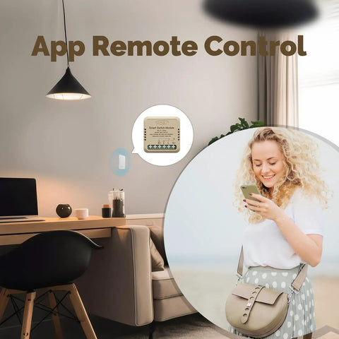App remote control with Smart Relay Module 1 Gang 10 Amp No Hub Required 2.4GHz WiFi Works With Google Assistant And Alexa Universal Smart Switch For Lamps Heaters And Appliances 1 Pack in a room scene