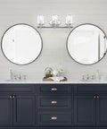 Essence 3 Light Bathroom Vanity Light Fixture In Chrome With Sand Clear Glass Shades Damp Location Rated Steel Construction UL And CUL Certified Three 100W Bulbs Not Included above dark blue vanity with dual mirrors