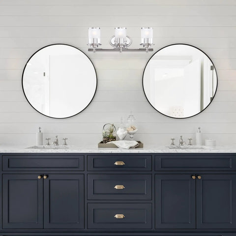 Essence 3 Light Bathroom Vanity Light Fixture In Chrome With Sand Clear Glass Shades Damp Location Rated Steel Construction UL And CUL Certified Three 100W Bulbs Not Included above dark blue vanity with dual mirrors