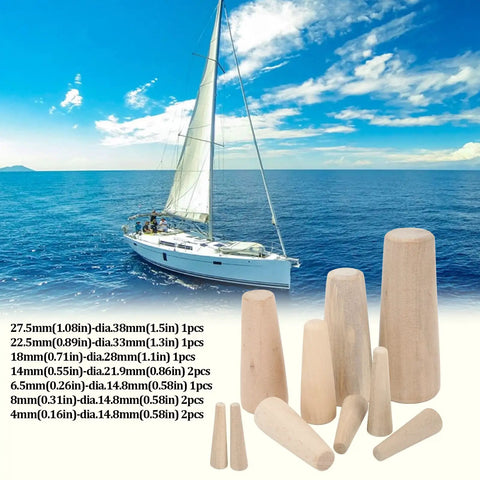 Boater Ready Wooden Conical Bungs Plugs Set Ten Pcs For Thru Hull Emergency Seals in assorted sizes next to a sailing yacht on water.