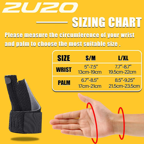 Sizing chart for Compression Reversible Thumb And Wrist Stabilizer Splint For Pain Relief with hand and measurements.