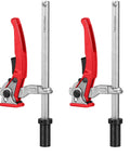 Quick Ratchet MFT Table Workbench Dog Clamp Offering 3/4 Inch Dog Hole Fitment And Rock Solid Hold Down Grip To Lock Projects Tight For Smooth Woodshop Workflow Comes In A Two Pack, two clamps with red handles.