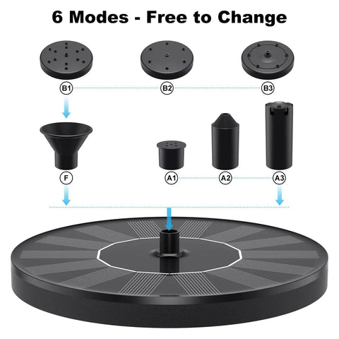 Solar Powered Bird Bath Fountain With Six Nozzles For Free Standing Floating Water Feature In Garden Pond Or Pool, black base