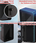 Rugged EV Charger Lock Box Featuring Beefy Vertical Stand And Full Weatherproof Cover For Outdoor Electric Vehicle Stations showing mechanical lock and drainage channels.