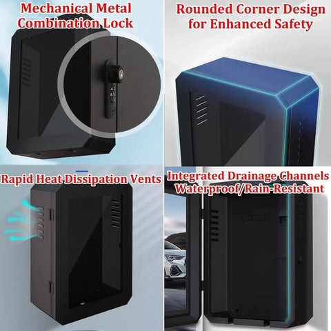 Heavy Duty EV Charger Lock Box With Key Weatherproof Cover For Electric Vehicles features a combination lock, drainage channels, and heat vents.