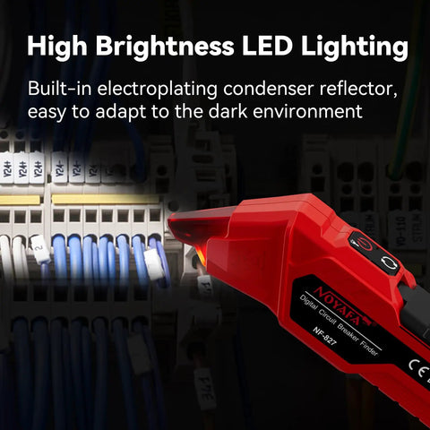 Circuit Breaker Finder Kit With GFCI Outlet Tester And 3 Accessories, showing LED lighting on wiring panel.