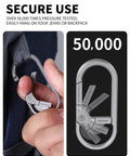 Rugged Titanium Carabiner Keychain Clip With Quick Release Minimalist EDC Key Hook and Bottle Opener in use on backpack.