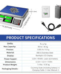 Heavy Duty Industrial Counting Scale With 30kg Capacity And 0.5g Precision For Coins And Parts Rock Solid Pro Grade Digital Scale With RS232 Port For PC Or Printer Switchable Units Kg G Lb Clear LCD Display USA Sensor For Accurate Readings, shown with LCD display, dimensions, and specifications.