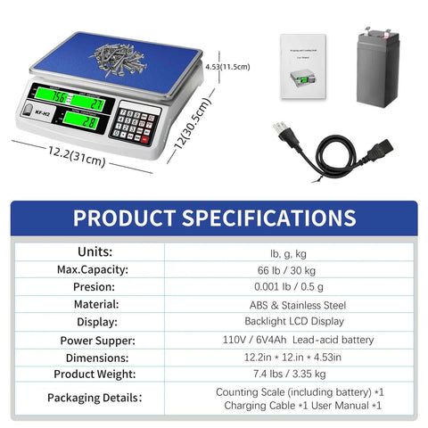 Heavy Duty Industrial Counting Scale With 30kg Capacity And 0.5g Precision For Coins And Parts Rock Solid Pro Grade Digital Scale With RS232 Port For PC Or Printer Switchable Units Kg G Lb Clear LCD Display USA Sensor For Accurate Readings, shown with LCD display, dimensions, and specifications.