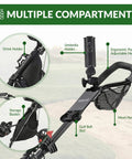 Ultra Lightweight Aluminum 3 Wheel Golf Push Cart With Quad Fold Frame showing compartments, handle, drink and umbrella holder