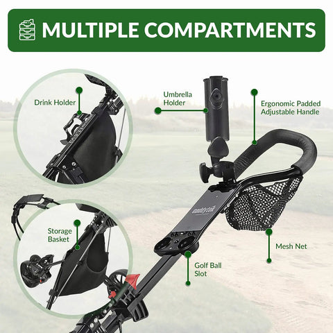 Ultra Lightweight Aluminum 3 Wheel Golf Push Cart With Quad Fold Frame showing compartments, handle, drink and umbrella holder