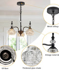 Modern Black Three Light Pendant Chandelier For Kitchen Island Farmhouse Living Room Bedroom And Hotel Decor Sleek Industrial Iron And Glass Design With Easy Install, featuring intricate vintage metal decor and thickened glass shade detailing.