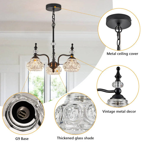 Modern Black Three Light Pendant Chandelier For Kitchen Island Farmhouse Living Room Bedroom And Hotel Decor Sleek Industrial Iron And Glass Design With Easy Install, featuring intricate vintage metal decor and thickened glass shade detailing.