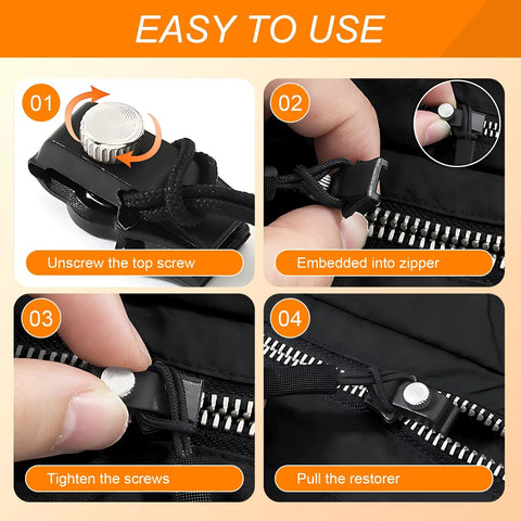 Step-by-step guide for Universal Zipper Repair Kit With 12 Sliders In 3 Sizes Black Zipper Replacement Set showing installation process.