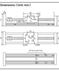 Technical drawing of Heavy Duty 300mm Linear Stage Actuator with square slide rail and 1605 ballscrew dimensions.