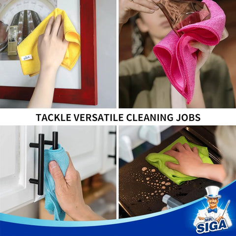 MR.SIGA microfiber cleaning cloths, 24-pack, 12.6x12.6 in; assorted colors (yellow, pink, blue, green).