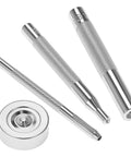 Close-up of setting tools from the 12 Piece Leather Snap Fasteners Kit Built Tough 15Mm Brass Snap Buttons Press Studs With Setting Tools Rivets And Snaps For DIY Crafts And Clothing Black.