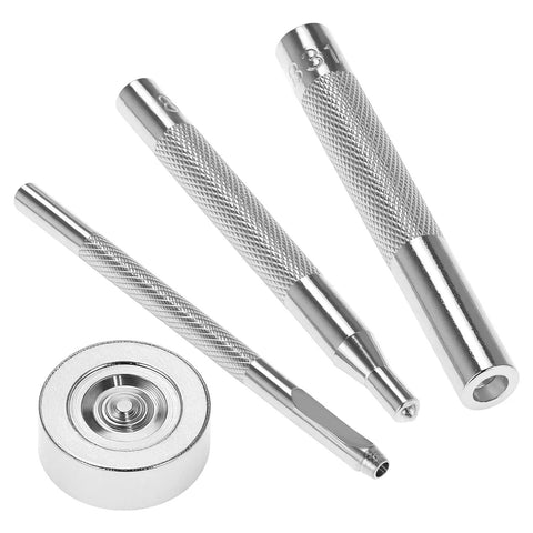 Close-up of setting tools from the 12 Piece Leather Snap Fasteners Kit Built Tough 15Mm Brass Snap Buttons Press Studs With Setting Tools Rivets And Snaps For DIY Crafts And Clothing Black.