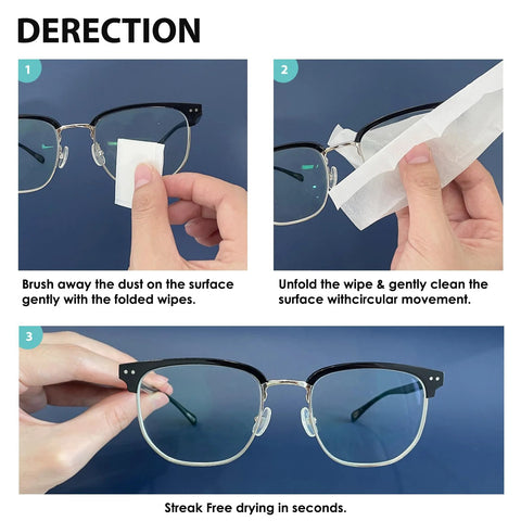 Eyeglass lens wipes instructional collage showing cleaning eyeglasses with 600-count pre-moistened wipes