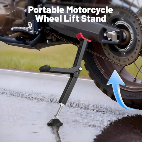 Compact Foldable Motorcycle Wheel Lift Stand for Front or Rear Wheels in use lifting rear wheel on wet surface