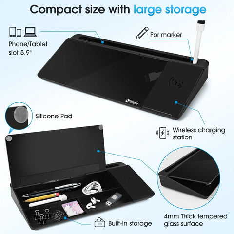 Glass Desk Whiteboard With Wireless Charger Stand showing built-in storage compartments and charging station, sleek design