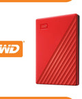 Red 5TB Portable External Hard Drive with USB 3.1 connectivity and built-in backup software on a white background