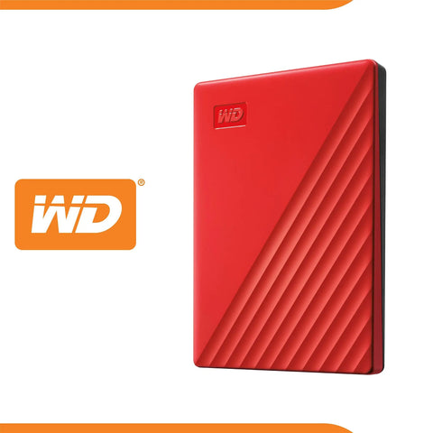 Red 5TB Portable External Hard Drive with USB 3.1 connectivity and built-in backup software on a white background