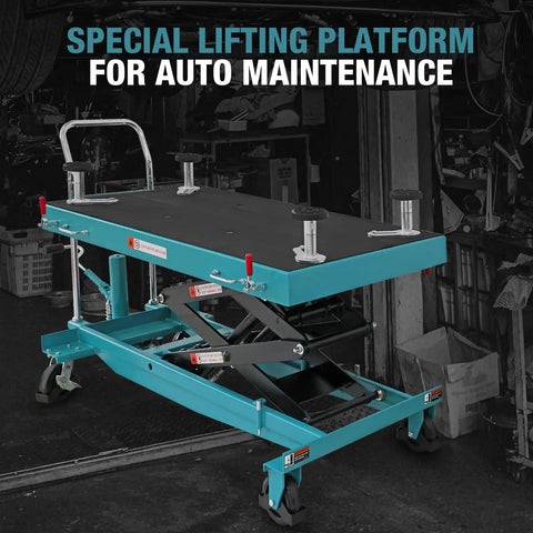 Heavy Hitter One Ton Hydraulic Battery Lift Table Adjustable Height Electric Vehicle Service Platform with non-slip surface.