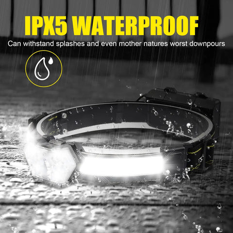 Rechargeable LED Headlamp 1200 Lumen Beast Bright Flashlight With 270 Degree Wide Beam in rain showcasing IPX5 waterproofing