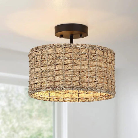 Rattan Semi Flush Mount Ceiling Light With Black Canopy 2 Light 12 Inch Drum Shade Fixture in hallway setting