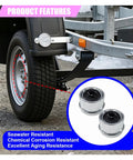 Pair Of 1.98 Inch Trailer Axle Wheel Hub Bearing Dust Caps Forged From Tough Galvanized Steel And Secure Rubber Plugs for trailer wheel protection.