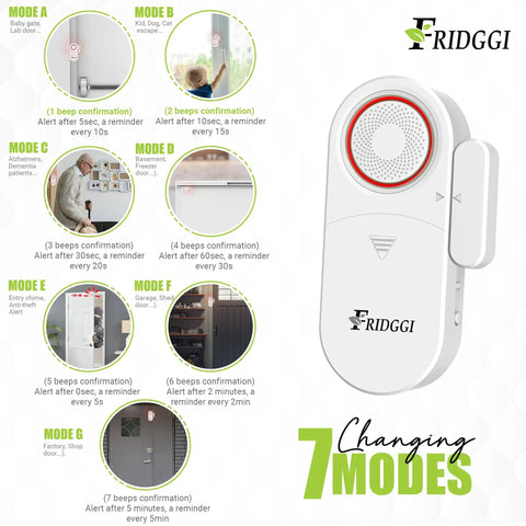 Diagram of a 3 In 1 Door Alarm With Delay Chime And Siren Left Open Alert Gate Ajar Notifier For Home Office And Shop, showing 7 modes.