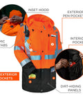 High Visibility Reflective Thermal Jacket Set With Rain Shell And Zip Off Sleeves, showing exterior and interior pockets.