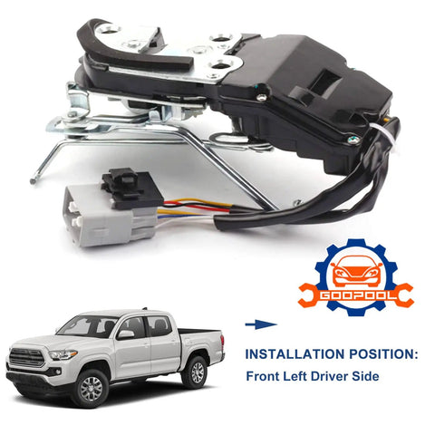 Front Left Door Lock Latch Actuator Assembly For 1998-2004 Toyota Tacoma - Direct Replacement, Non OEM, Replaces 69040-04010 And 931492, Fits 2.4L Engine, Easy Install, Ultra Durable Front Door Lock Component. Front left driver-side actuator shown with wiring connector for Tacoma.