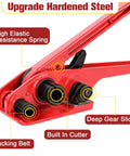 Close-up of red tensioner tool from Heavy Duty Banding Strapping Kit With Tensioner And Sealer Tool All In One Pro Grade Half Inch