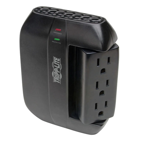 Six Outlet Pivoting Surge Protector Power Strip With Wall Mount Capability, Black Finish, Three Rotatable Outlets