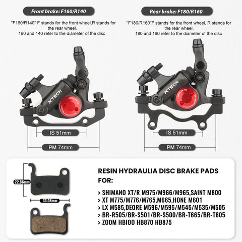 X-TECH hydraulic disc brake calipers front and rear, black with red adjustment dial for MTB bikes