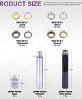 Product size chart for All In One 123 Pcs Grommet Eyelet Kit With 60 Washers And 1 Punch Tool in four colors, with mandrel and hole cutter.