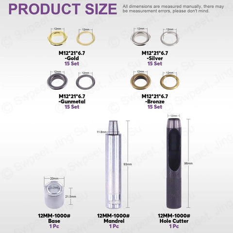 Product size chart for All In One 123 Pcs Grommet Eyelet Kit With 60 Washers And 1 Punch Tool in four colors, with mandrel and hole cutter.