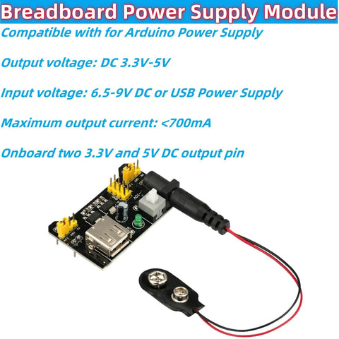 Six Pack Breadboard Power Supply Module 3.3V/5V For Arduino Projects, 6.5-9V DC Input Or USB, Up To 700mA Output, with 9V battery clip