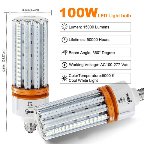 Two 1000W Equivalent LED Corn Light Bulbs 5000K Daylight White showing lumen output and specifications
