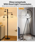 Three Head Tree Style Industrial Floor Lamp With Adjustable Brightness Smart Touch Dimmer Glass Shade Black Standing Living Room Light For Cozy Vibes Now, shown in living room setting next to a sofa, glass shades lit, highlighting warm ambiance