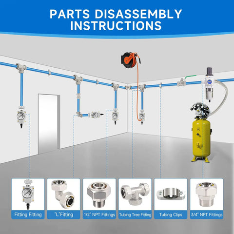 Three Quarter Inch Garage Air Line Kit 200 Foot HDPE Aluminum Piping System With Tee And Elbow Fittings installed in workshop
