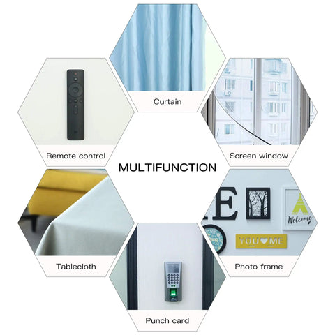 Hexagonal image showing remote control, curtain, screen window, tablecloth, punch card, and photo frame for organizing with 16 Ft Hook And Loop Tape Set With Self Adhesive Backing, Heavy Duty 0.75 Inch Wide Strips In White.