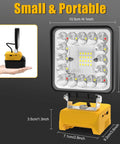 Cordless 55W Work Light With Hella Bright 36 LED Beads, USB Type-C Charging, showing dimensions and portability features.
