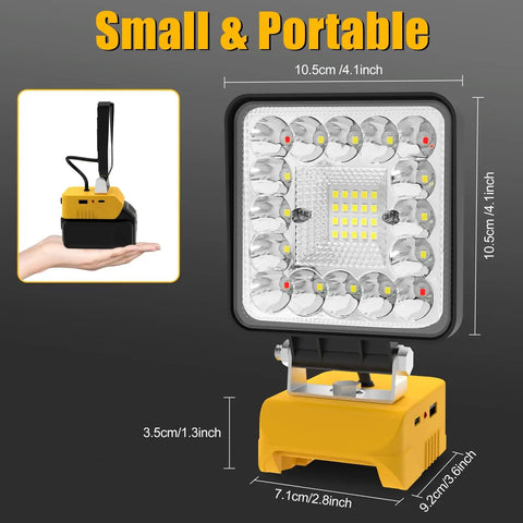 Cordless 55W Work Light With Hella Bright 36 LED Beads, USB Type-C Charging, showing dimensions and portability features.