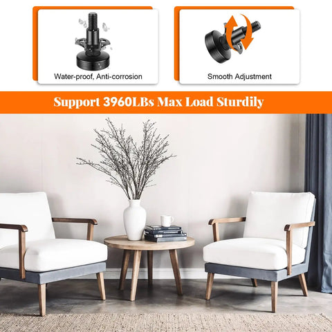 Living room with two chairs, table; inset showing Built Tough Heavy Duty Adjustable Furniture Levelers With Three Eighths Inch Thread And Large Base, 3960 Lbs Capacity, T Nut Kit Included For Tables, Cabinets, Chairs, Sofas And Workbenches, Easy Height Adjustment Feet.