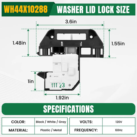 Washer Door Lid Lock Switch Replacement For Front Load Washers Premium Quality Repair Part Easy Install Replaces WH44X10288 And Related Numbers Durable Latch Lock For Reliable Laundry Day, black white gray plastic metal, 3.6in x 1.92in